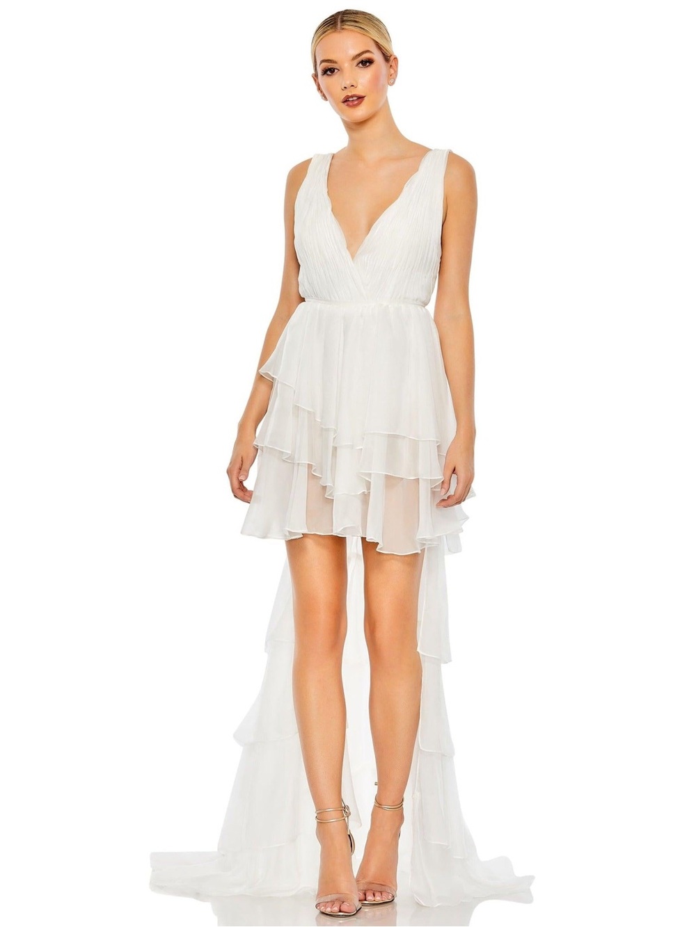 Mac Douggal White High-Low Ruffled V-Neck Dress